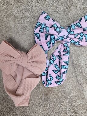 Two Fabric Toddler Baby Bow Hair Bands, Pink Blue Thunderbird And Peach